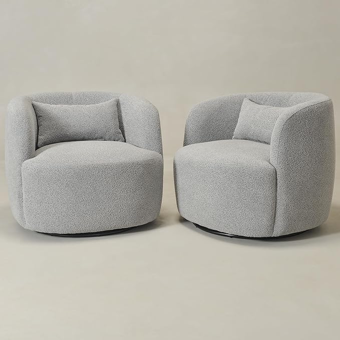 KINWELL 34 Wide Sherpa Swivel Barrel Chairs Set of 2 No Assembly Round Boucle Upholstered Accent Chairs Armchairs Single Sofa Chair with Toss Pillow for Living Room and Bedroom Gray