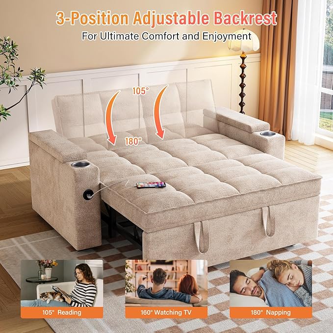 65'' 3-in-1 Convertible Sofa Bed with Adjustable Backrest Pull Out Sofa Chenille Couch Sleeper 360° Swivel Side Table Easy Assembly for Living Room &amp Apartments Khaki