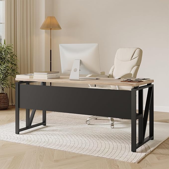 LITTLE TREE 55-Inch Executive Office Desk Large Computer Desk with Storage Shelf Executive Desk with Metal Frame Thickened Desktop Study Writing Desk Work Station for Home Office Grey Black