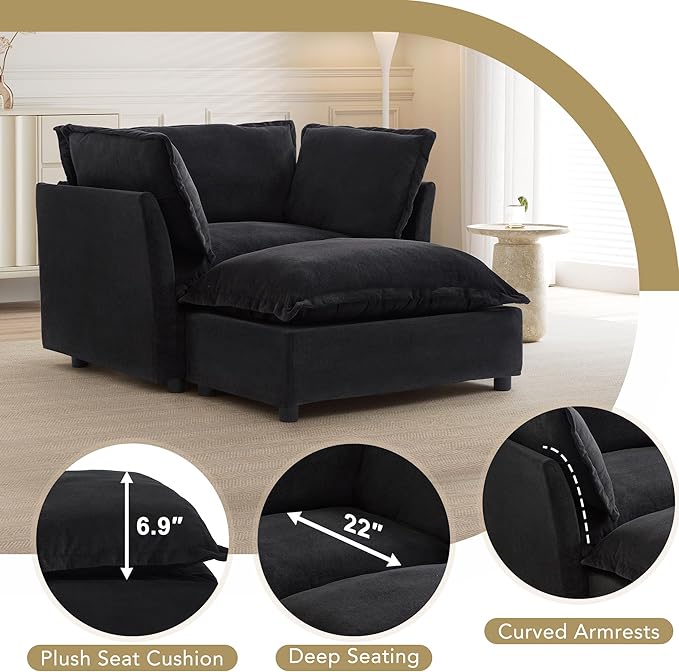 Merax 47 Armchair Upholstered Chenille Sofa Chair 2 Seat Modern Couch with Movable Ottoman Curved Armrests &amp Soft Pillows for Living Room Black