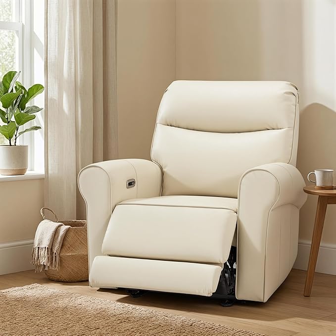 MCombo Power Wall Hugger Recliner Chair for Small Space RV Living Room USB &amp USB-C Charging Ports Modern Rolled Arm Recliner Faux Leather PR630 (Beige Medium)