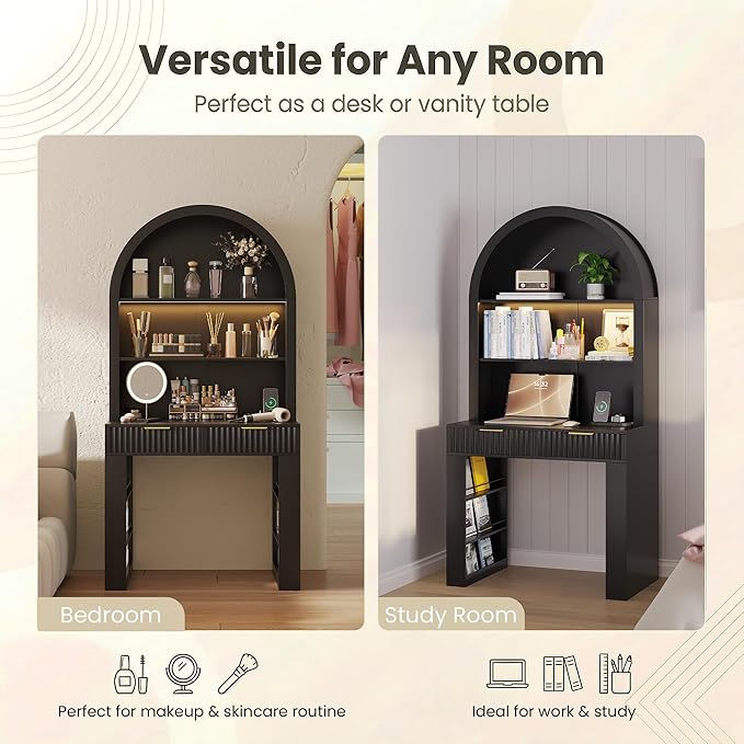 Arched Writing Desk with Hutch Home Office Desk with 2 Drawers Secretary Desk with Outlets 3 Color LED Lights Open Shelves Computer Desk for Small Space Bedroom 35.4 W x 70.8 H (Black)