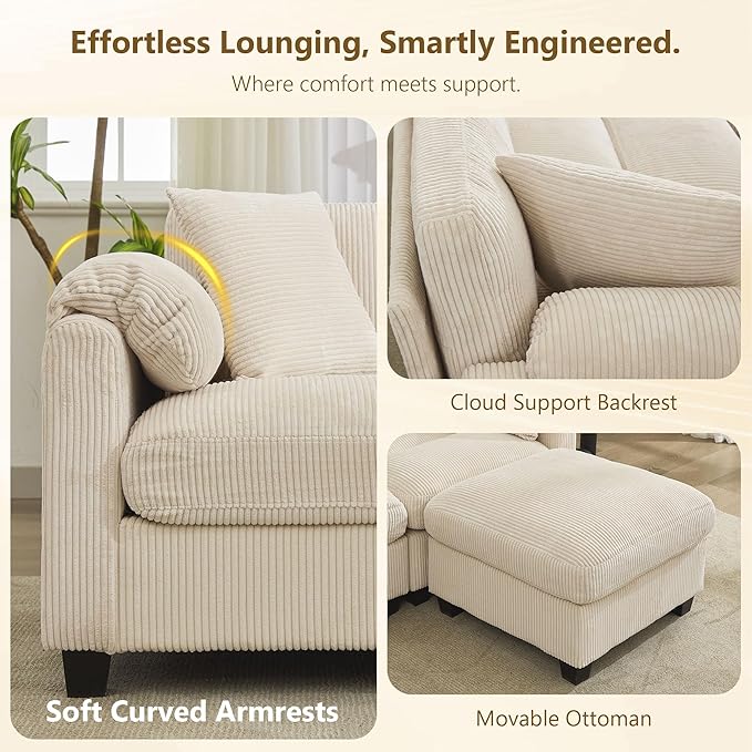 Modular Sectional Sofa with Ottoman3-Seater Corduroy Cloud Sofa Couch with 2 Pillows88.2'' L-Shaped Deep Seat Sofa with Thick CushionModular Couches for Living RoomBeige3 Seater &amp Ottoman