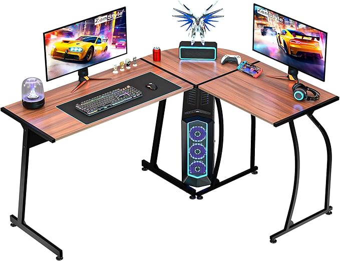 ZenStyle 55 L-Shaped Corner Computer Desk - Sturdy Steel Frame &amp Waterproof Surface Walnut Wood Grain Design for Home Office Gaming &amp Multipurpose Workstation