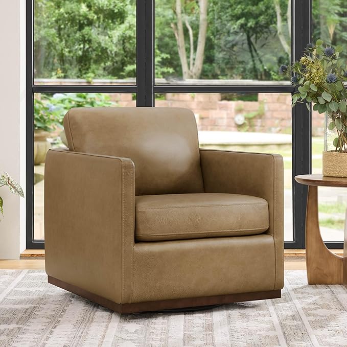 CHITA Genuine Leather Swivel Accent Chair FSC Certified Mid Century Modern Arm Chair for Living Room and Bedroom Fully Assembled Mocha