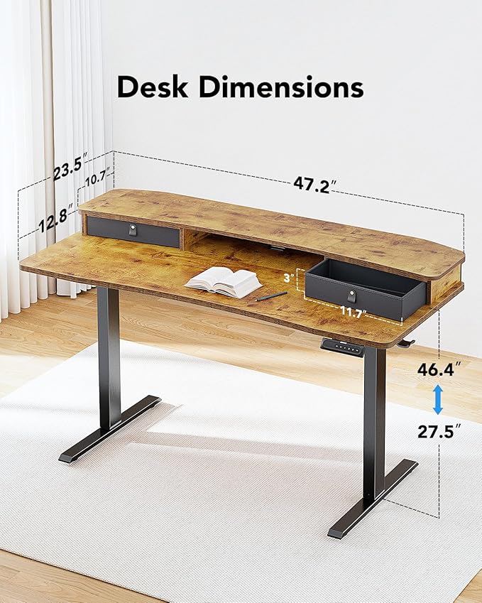 HUANUO 48″ x 24″ Electric Standing Desk with 2 Drawers C-Clamp Mount Compatible Height Adjustable Computer Desk Home Office Stand Up Desk with 4 Preset Heights &amp 2 Hooks Vintage Brown