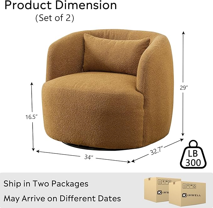KINWELL 34 Wide Boucle Swivel Barrel Chairs Set of 2 No Assembly Round Upholstered Armchairs Accent Chairs Single Sofa Chair with Toss Pillow for Living Room and Bedroom Brown