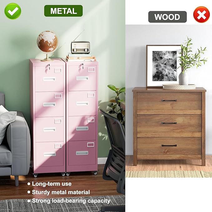 Aobabo 4 Drawer File Cabinet with Wheels Lockable Office Metal Filing Cabinet with Name Card for Office and HomeAssembly RequiredPink