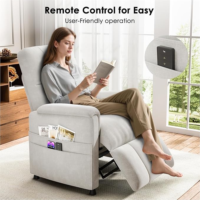 Amada Power Recliner Chair for Adults Adjustable Modern Chenille Reclining Chair with Side Pockets Remote Footrest Thick Seat Cushion for Home Theater Living Room &amp Bedroom RV