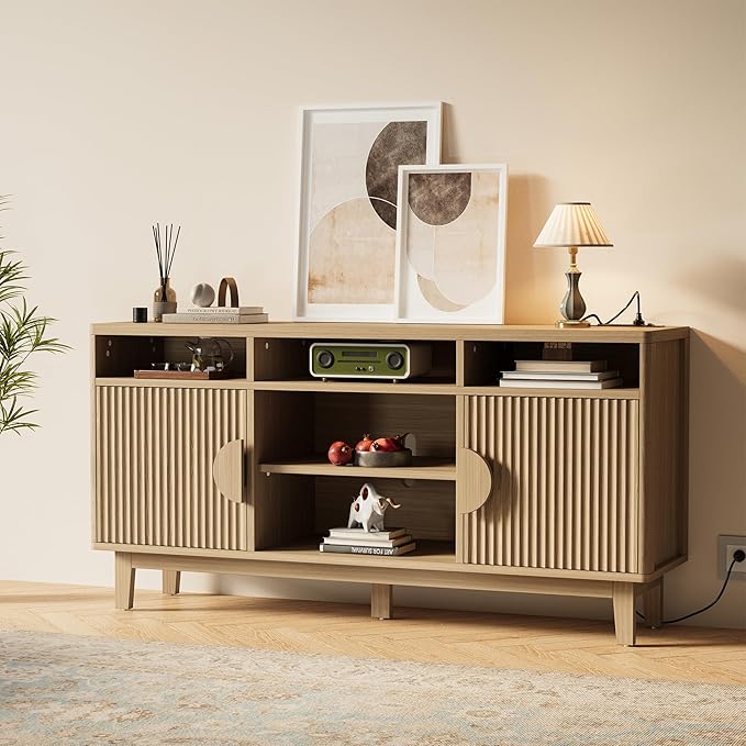 IRONCK TV Stand for 65 Inch TV 59 Inch Entertainment Center with Storage and Charging Station Modern Media Console with 3 Adjustable Shelf Fluted Doors Design Natural Oak
