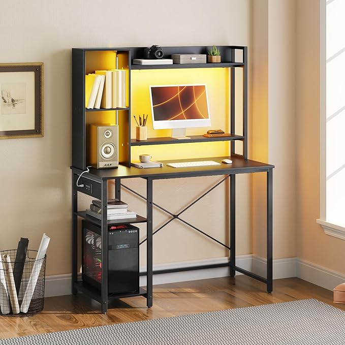 HOOBRO Computer Desk Small Gaming Desk with LED and Outlets Home Office Desk with Monitor Stand and Adjustable Shelf Computer Desk with CPU Stand for Home Office Small Space Black BB100UDDN01