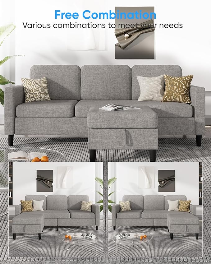 76 Inch L Shaped Sectional Sofa Modern 3 Seater Couch with Storage Ottoman Linen Convertible Sectional L Shape Couches for Living Room Apartment and Small Space