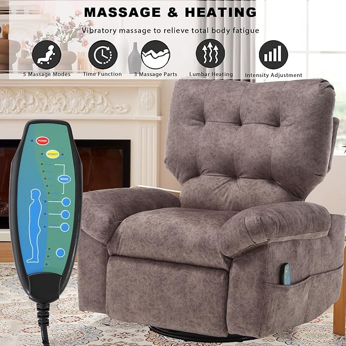 Rocker Recliner Chair for Adults Soft Lazy Boy Recliner Chair with Heat&amp Adjustable Backrest Footrest Oversized Massage Recliner Chair with Swivel and Side Pocket for Living Room Bedroom (Brown