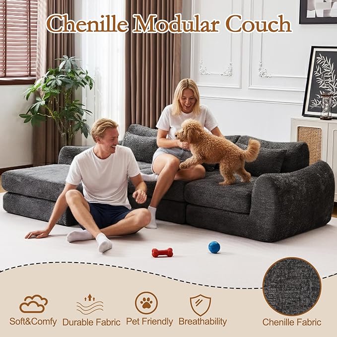 105” Modular Sectional Sofa Convertible Sofa BedTransforms into Single or Double Sofa Chenille Fabric Cloud SofaModern Soft Boneless Comfort No Assembly Required Black