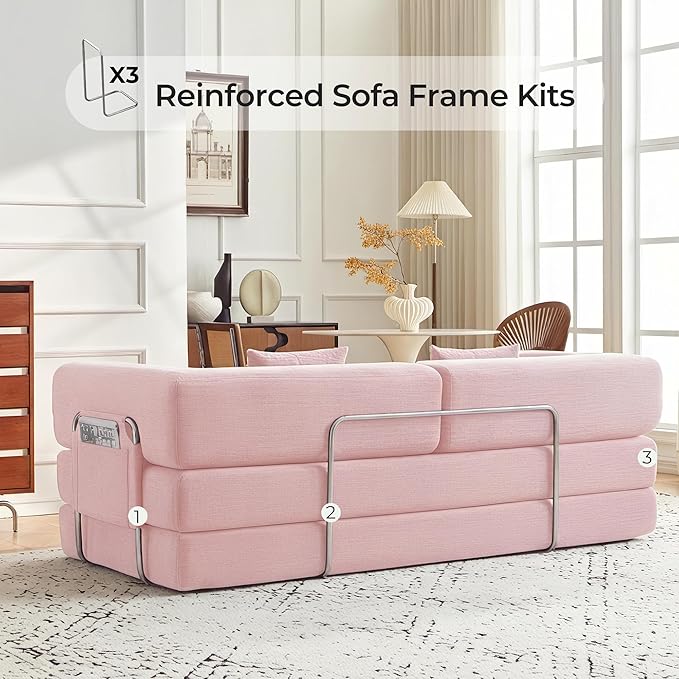 79 Convertible Sofa Bed with Pillows Corduroy Folding Sleeper Sofa with Fixed-Shape Frame Boneless Couch for Living Room Bedroom Floor Sofa Lounge No Assembly Required (A - Style - Pink)