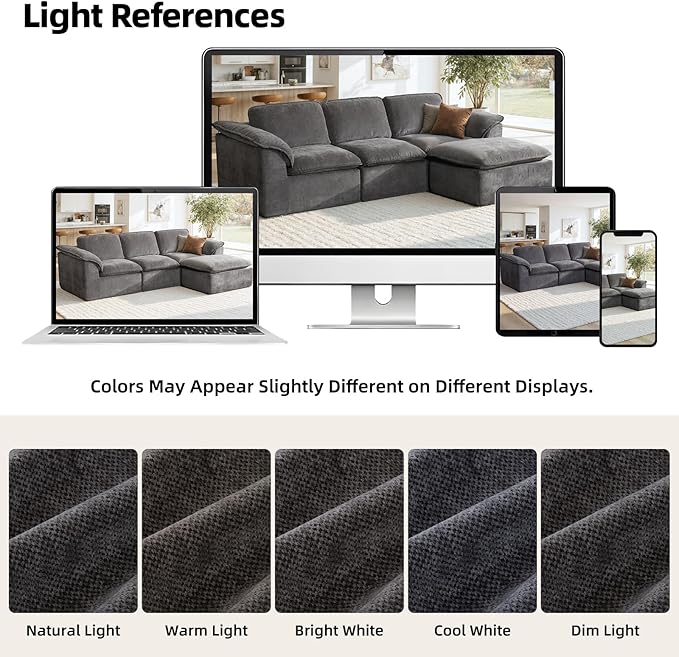 112 Cloud Couch Sectional with Padded Armrests &amp Moveable Ottoman Boneless Sectional Couches for Living Room Dark Grey Couch No Assembly Required