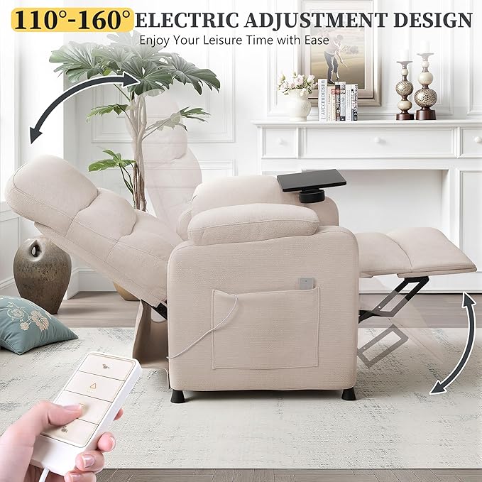 Electric Recliner Chair Power Recliner Sofa with Remote Adjustable Backrest Side Pocket &amp Swivel Tray Table 350 LBS Soft Chenille Fabric Armchair for Living Room Bedroom Beige