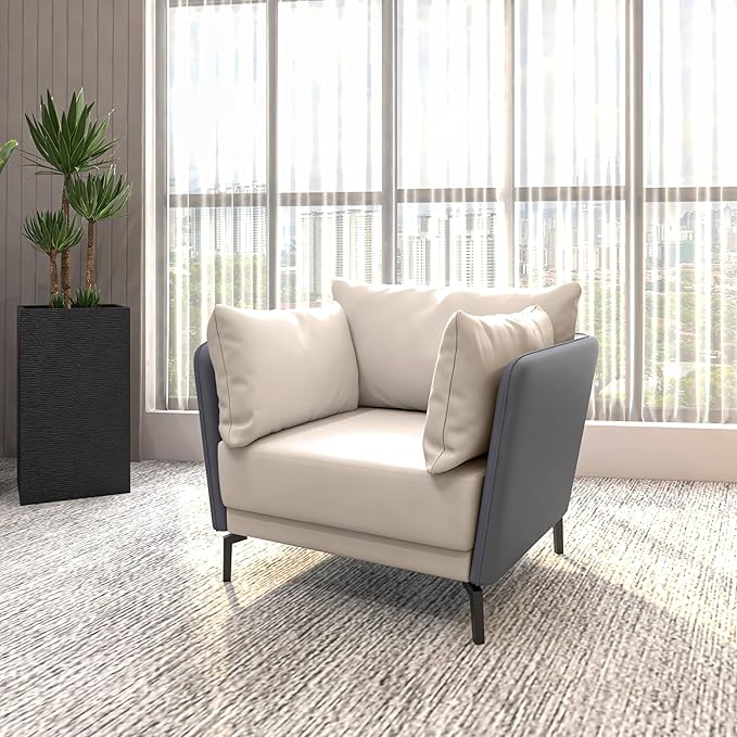 LeisureMod Modern Single-Seater Sofa Couch Contemporary Lounge Accent Side Armchair Upholstered PU Leather with Metal Legs and Foam Filled Seat for Living Room Office Bedroom Luxify Series in Grey