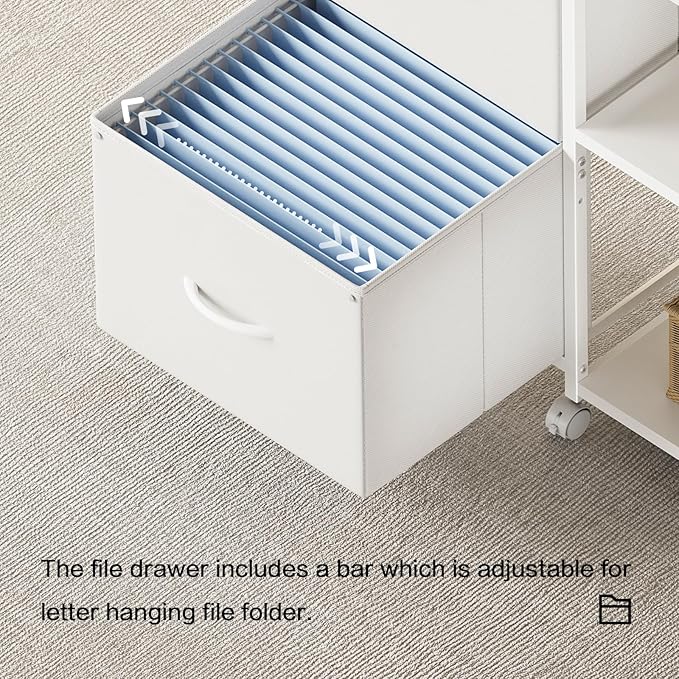 2-Drawer Fabric Lateral File Cabinet with Wheels Rolling Printer Stand with Open Storage Shelf for Home Office White