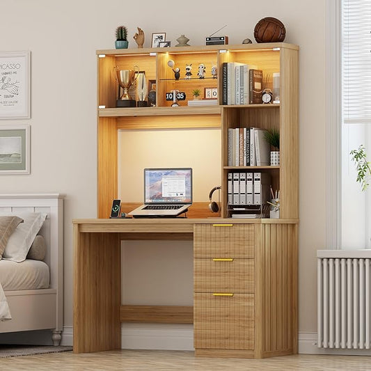 Lvifur LED Study Desk with Hutch &amp Storage Cabinet 47 Home Office Desk with Outlet and 3 Color LED Writing Desk for Bedroom Computer Desks for Studyroom Ideal for Office Set Natural