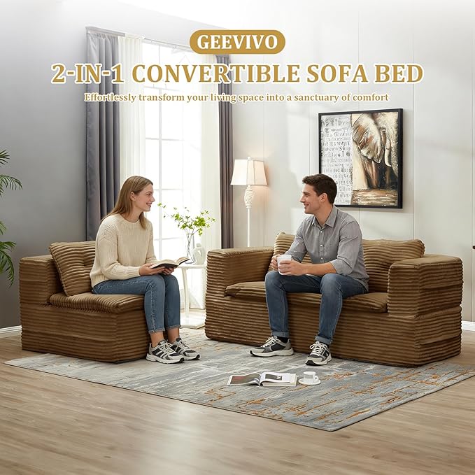 Convertible Sectional Folding Sofa Bed 80 Futon Floor Couch with Accent Chaise Modular Sleeper Loveseat Boneless Cloud Corduroy Couches for Living Room Guest Room No Assembly Required Camel