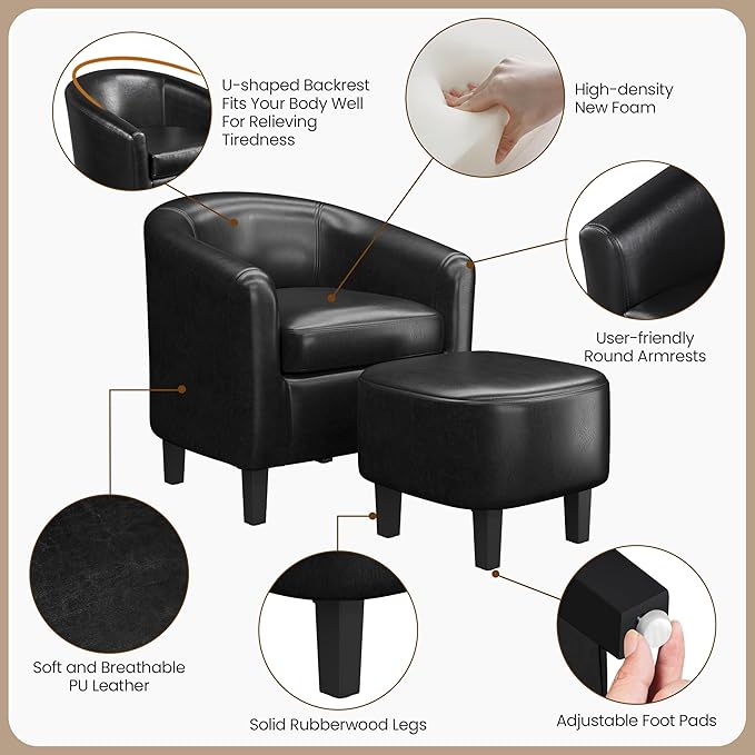Yaheetech Accent Chair with Ottoman Set Modern Faux Leather Upholstered Soft Barrel Chair and Footrest Club Armchair and Footstool for Living Room/Bedroom/Reading Room/Guest Room Black