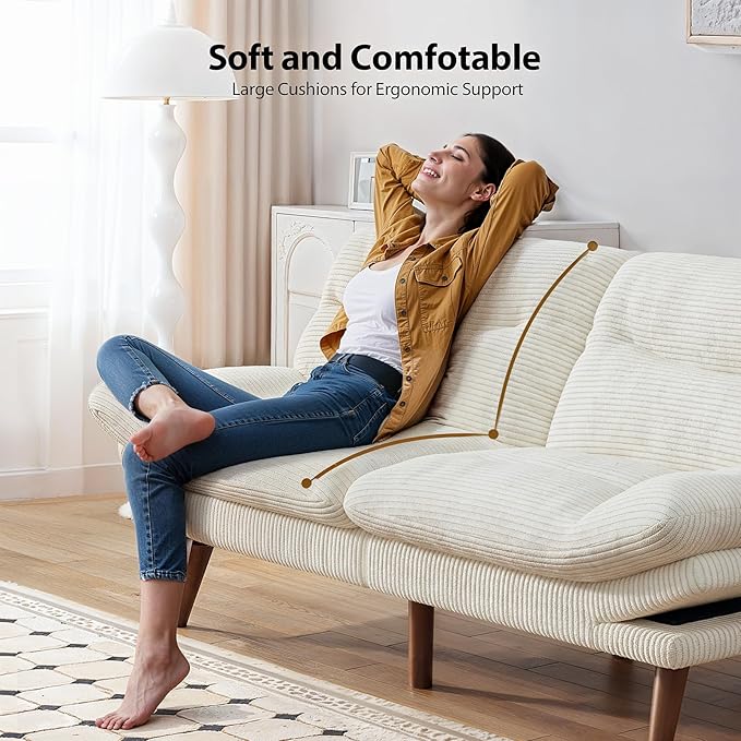 PERLECARE Convertible Futon Sofa Bed 66 Corduroy Futon Couch with Adjustable Backrest and Armrests 3-in-1Recliner Sleeper Sofa for Small Spaces Play RoomLiving Room or Office（66 inWhite） | Adjus