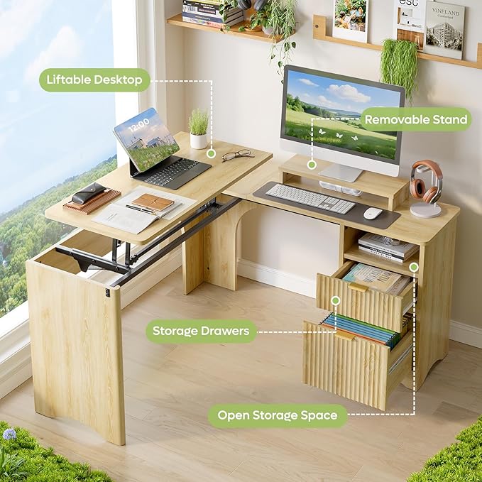 Bestier L Shaped Desk with Lift Desktop 55 inch Corner Desk with Fluted Panel Deisgn Drawers Modern Office Desk with File Drawer (Natual Oak 55'' x 55'' Lift Top)