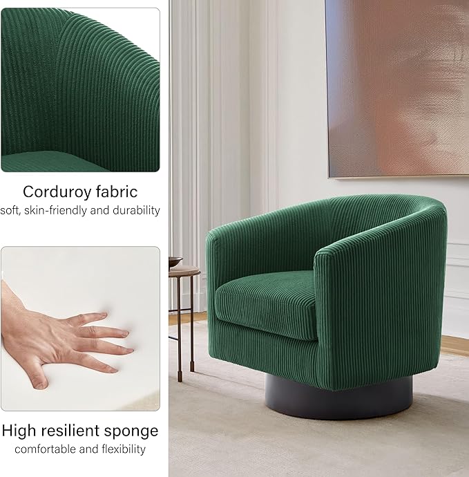 Swivel Barrel Accent Chair Modern Round Corduroy Fabric Arm Chair for Living Room Bedroom Comfy Club Reading Chairs for Adults (Corduroy Dark Green Set of 1)