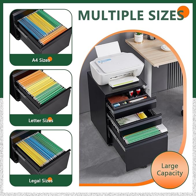 Fully Assembled 3 Drawer File Cabinet for Under Desk File Cabinet with 5 Casters &amp Smooth Gliding for Home Office Legal Letter and A4 Files One Lock (Black)