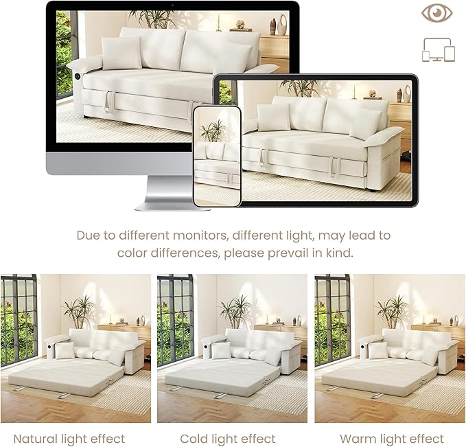 SUNWAVE 77 Loveseat Sleeper Sofa Convertible Sofa Bed 2-Seat Pull Out Couch w/USB Chenille Folding Sofa Bed for Living Room Small Spaces Bedroom (Ivory) | 9 Wider Amrest Breathable Chenille Stay