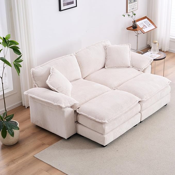 Corduroy Modular Cloud Sofa with Ottoman Comfy 2-Seater Sectional Loveseat Sleeper for Living Room Upholstered Deep Seat Modern Couch &amp 2 Throw Pillows and Detachable Armrest (Off White)
