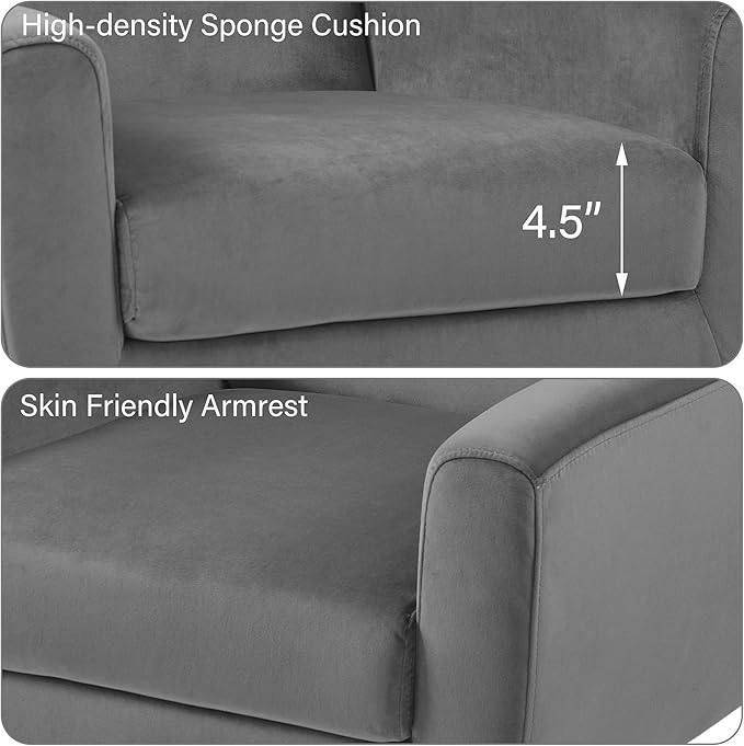 Accent Chair Mid-Century Modern Velvet Fabric Chairs with Arms for Living Room Comfy Upholstered Club Single Sofa Armchair for Bedroom Waiting Room with Solid Wood Frame (Velvet Grey Set of 1)