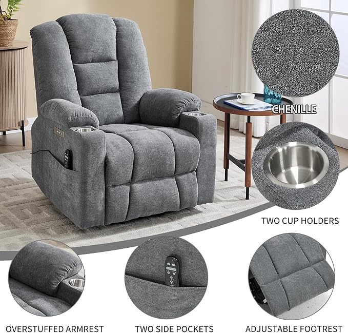 Power Lift Chair with Massage &amp Heat Electric Recliner Chairs for Adults Remote Control Sofa for Living Room Standing Assistance USB Ports Stainless Steel Cup Holders (Grey1)