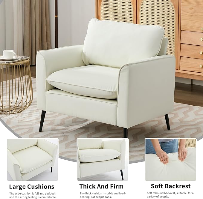 Modern Faux Leather Chair Set of 2 Oversized Arm Chair for Living Room Mid-Century Accent Sofa for Bedroom Comfy Upholstered Single Sofa Readingchair for Waiting Room and conference roomCream