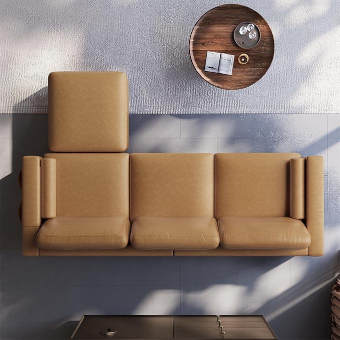 Vesgantti 100 Faux Leather Couch with Movable Ottoman 3 Seater L Shaped PU Leather Sofa with Side Pocket Comfy Mid Century Modern Modular Sectional Couch for Living Room Apartment Camel