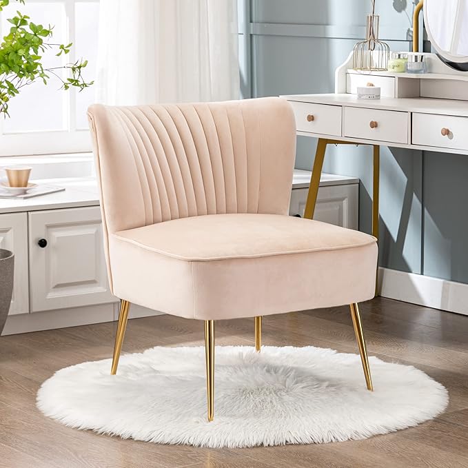 WO Home Furniture 25 Wide Tufted Velvet Accent Chair with Rust Resistant Golden Metal Legs Premium Quality Rust Resistant Seat for Your Den Living Room Bedroom Inside Area (Tan)