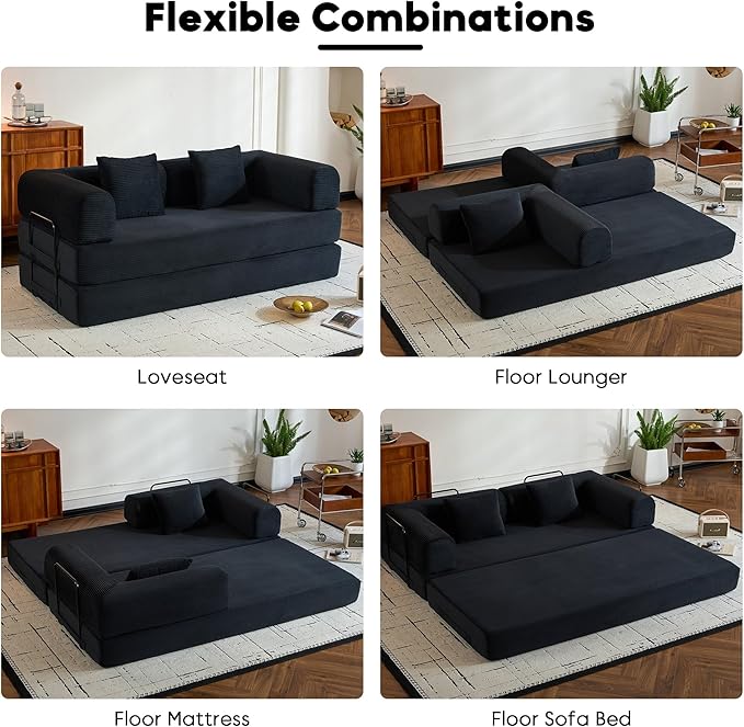 Convertible Sleeper Sofa Bed with Fixed-Shape Frame Corduroy Folding Boneless Couch with Cylindrical Pillow Comfy Floor Sofa Couch for Living Room No Assembly Required Black