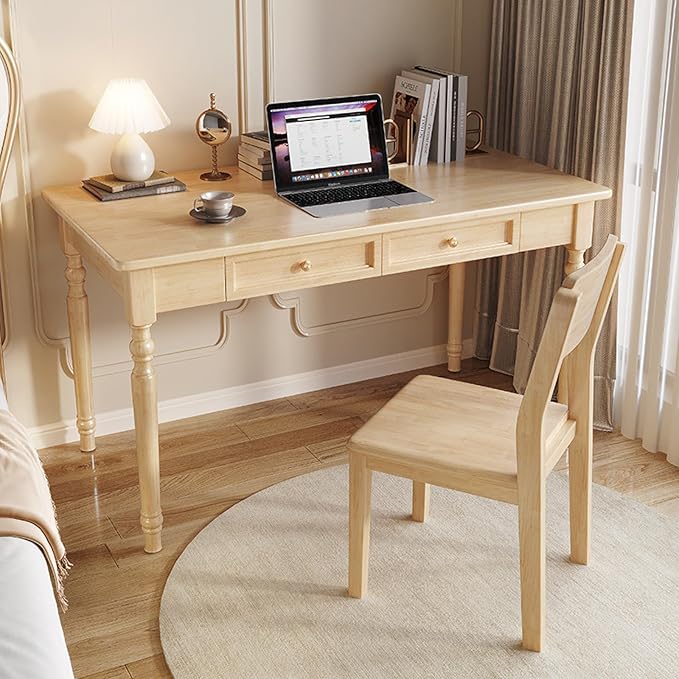 100% Solid Oak Wood Home Office Desks Modern Furniture Simple Writing Table Workstation Home Office Desk Computer Desk with 2 Drawers(40-Inch Natural)