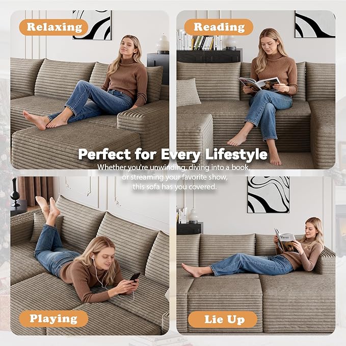94 Corduroy Upholstered Boneless Couches with Chaise/Ottoman U Shape Modular Sectional Sofa with Deep Seat Cloud Sectional Fluffy Couches for Living Room No Assembly Required (Camel) | Removable O
