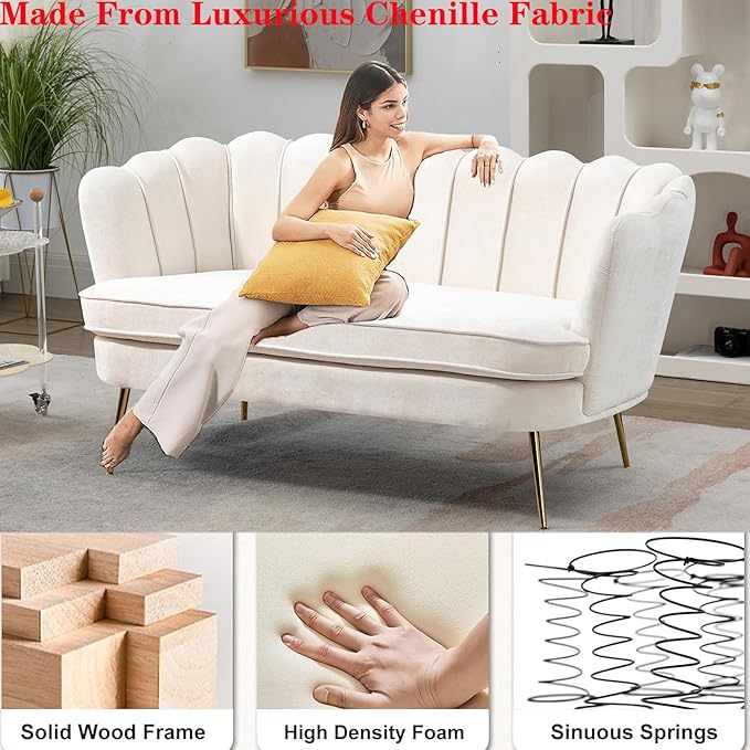 Modern Chenille Loveseat CouchFuton Small Sofa with Gold Metal Legs 2-Seater Upholstered Mini Sofa Couches for Small SpaceLiving Room Bedroom Office Dorm Studio Apartment Love Seat Couche(Ivory)