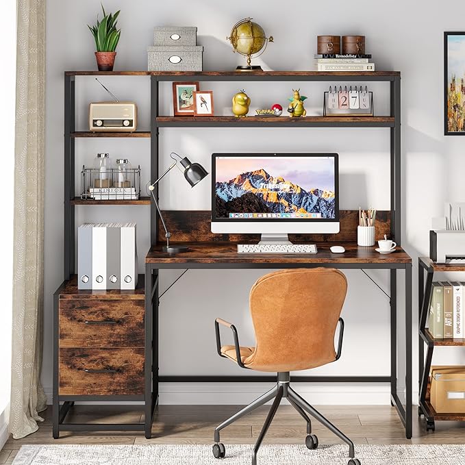 Tribesigns 55 Inch Computer Desk with 2 Drawers and Storage Shelves Rustic Office Desk with Hutch Study Writing Gaming Table Laptop Workstation for Home Office (Brown)