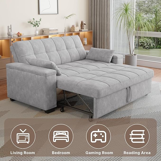 Gizoon Convertible Sofa Bed Futon Queen Size Sleeper Loveseat with Pull Out Couch 3 in 1 Plush Fleece Fabric Futon Couch with Side Pockets Storage Armrest &amp Adjustable Backrest for Living Room