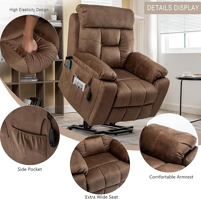 Power Lift Recliner Chair with Massage and Heating FunctionsVelvet Sofa with 2 Remote Controls and Two Cup HoldersRecline up to 160 DegreesSuitable for Living Room