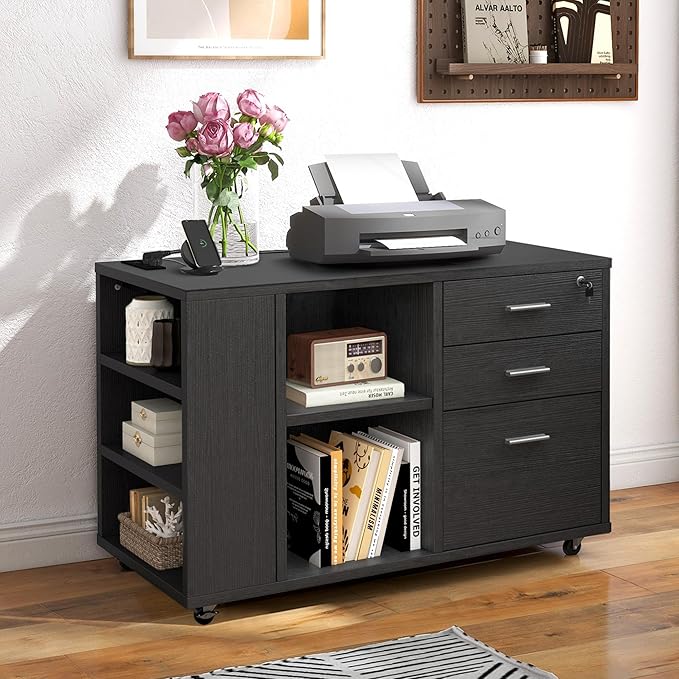 DWVO File Cabinet with Charging Station 3 Drawer Mobile Filing Cabinet with Lock Printer Stand with Open Storage Shelf for Home Office Black