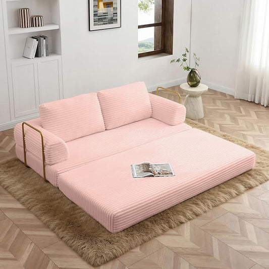 Convertible Sleeper Sofa Bed 79.5 Folding Floor Sofa Mattress Couch with Pillows Corduroy Futon Boneless Couch Lounge Loveseat with Pull Out Bed Pink