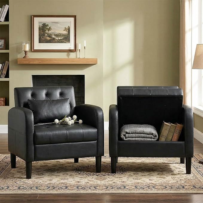 TYBOATLE Leather Chairs w/Storage Comfy Modern Living Room Chairs Black Accent Chair Set of 2 for Reading Armchair for Bedroom Waiting Room Office (2 Black)