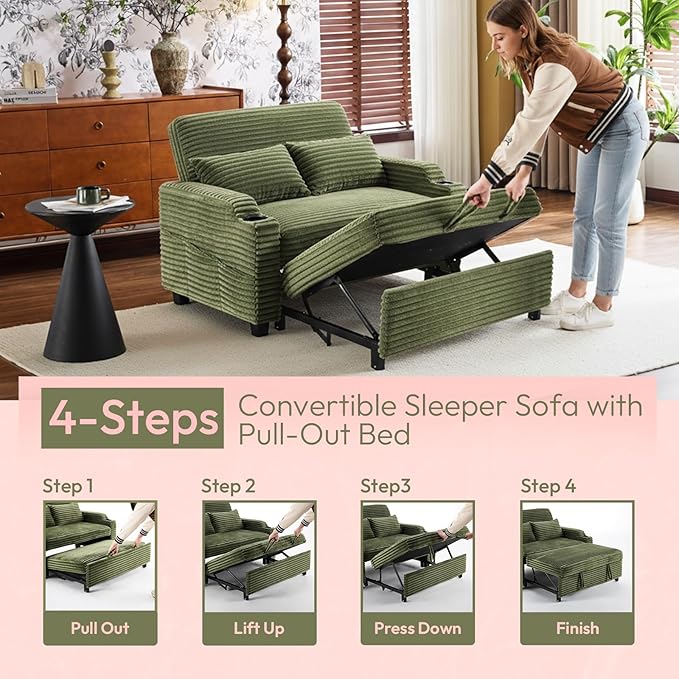 VINGLI Green Futon Sofa Bed Convertible Loveseat Sleeper Sofa Couch Corduroy Pullout Sofa Fold Out Couch Bed with USB Ports Cup Holders Armrest for Living Room Bedroom Apartment Room | Lveseat Sle