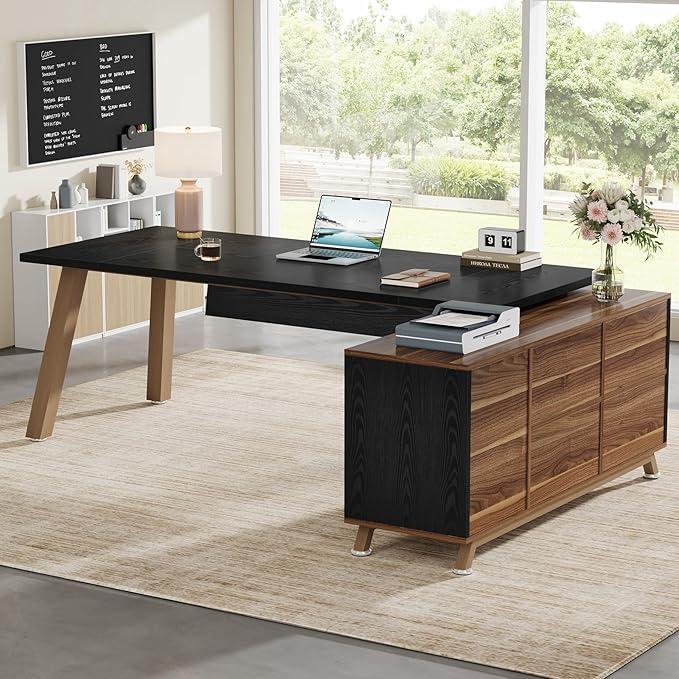 Tribesigns 78.7-Inch Executive Desk L-Shaped Desk with 55-Inch Cabinet Large Office Desk with Storage Shelves Modern Computer Desk for Home Office Black &amp Walnut