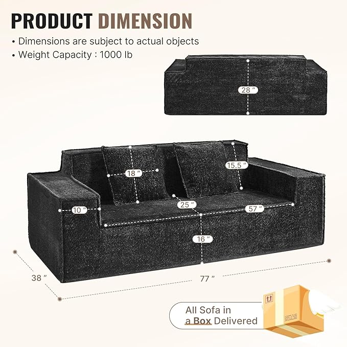 77'' Modern Cloud Loveseat Sofa in Chenille Deep Seat Boneless Couches Includes 2 pcs Pillows for Living Room Bedroom Apartment(Black)